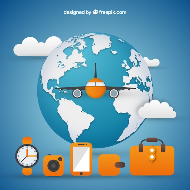 Free vector world background with airplane and travel elements