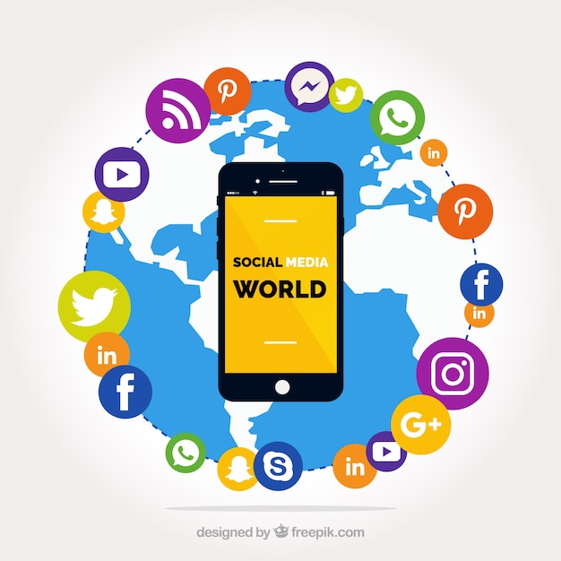 World background with icons of social networks and mobile phone