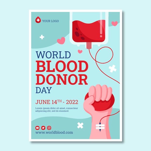 Всемирный день донора крови, нарисованный вручную плоский флаер или плакат