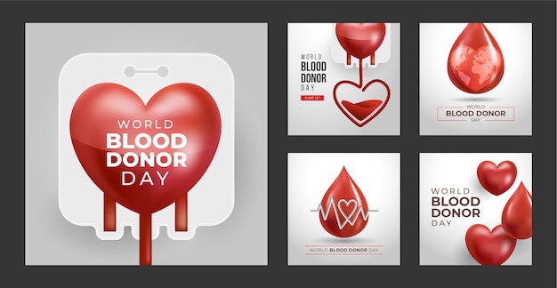 Бесплатное векторное изображение Всемирный день донора крови реалистичная коллекция постов ig
