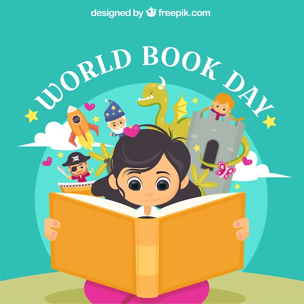 World book day background with girl reading