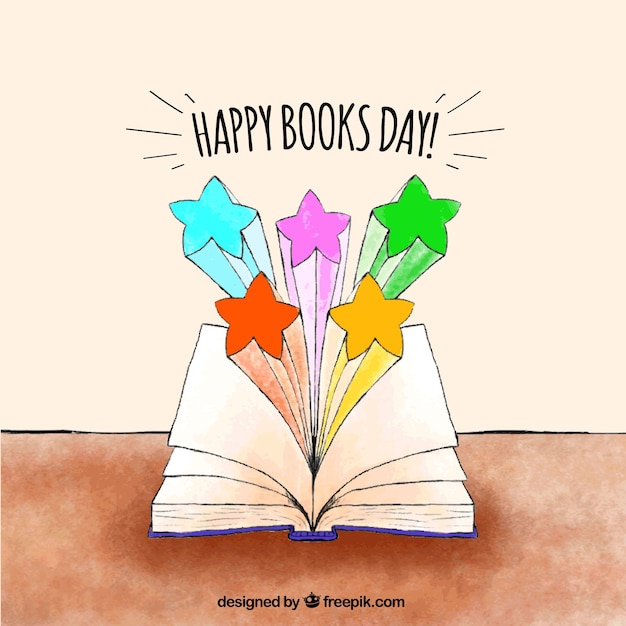 World book day background with open book and colored stars