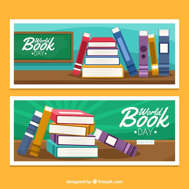 Free vector world book day banners with books in flat design