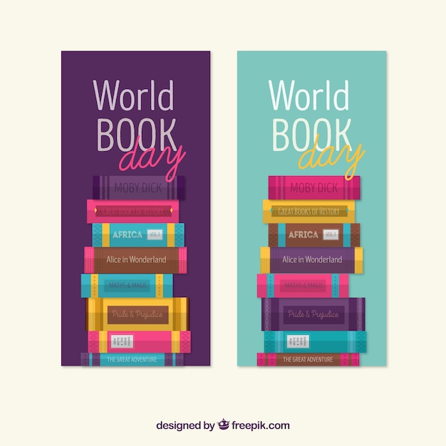 World book day banners with colored books in flat design