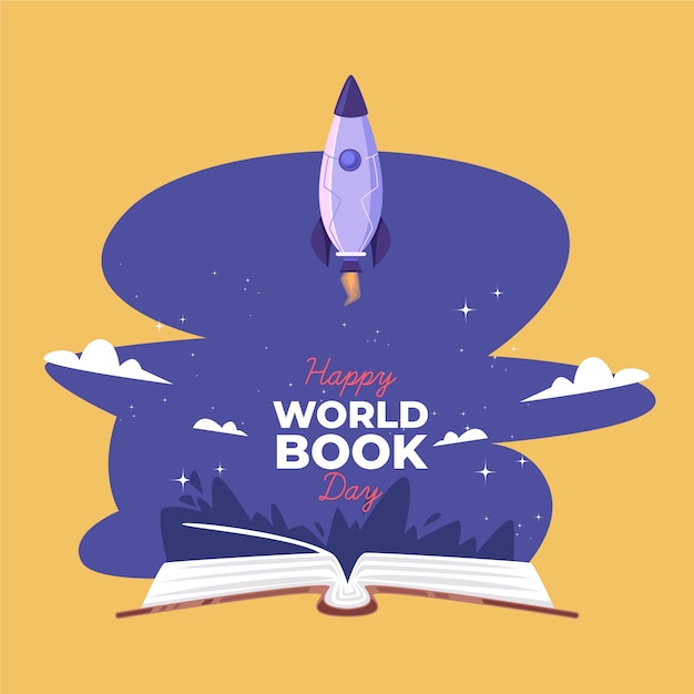 Free vector world book day illustration with rocket and book