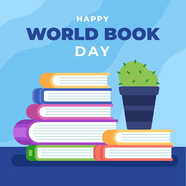 World book day illustration with stack of books and cactus