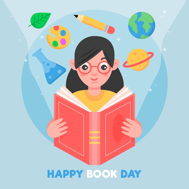 World book day illustration with woman reading book