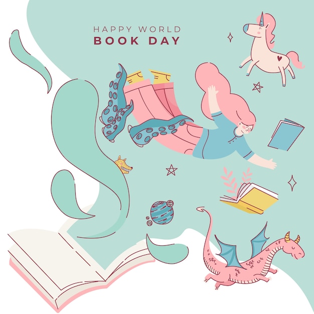 Free vector world book day with fantastical creatures