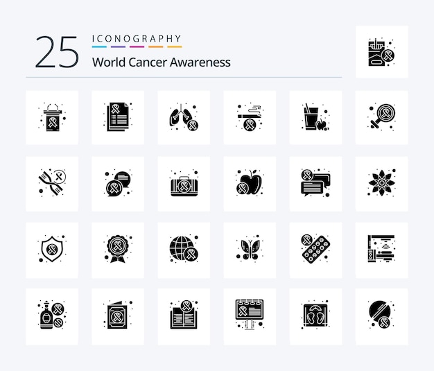 Free vector world cancer awareness 25 solid glyph icon pack including fruit juice smoking cancer health symptom