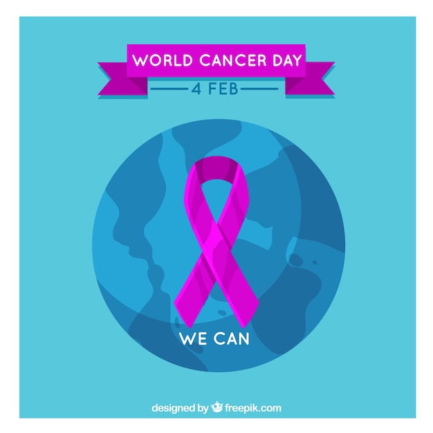 Free vector world cancer day background with ribbon above globe