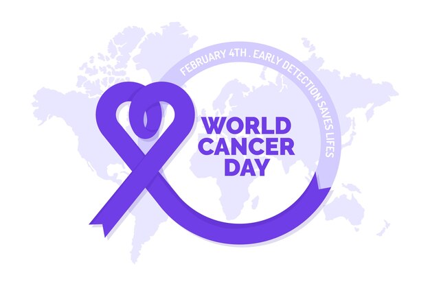 World cancer day purple ribbon on world map