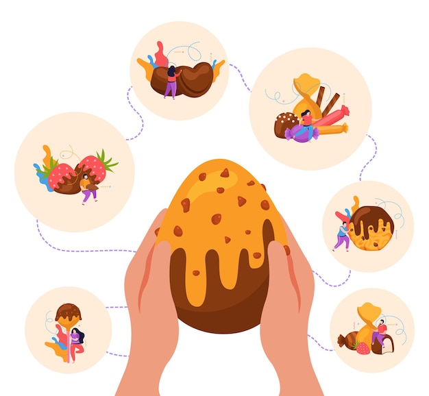 World chocolate day composition with sweet egg in human hands candies strawberries cookie on white background vector illustration