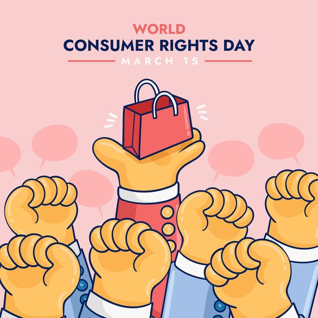 World consumer rights day illustration with fists and shopping bag