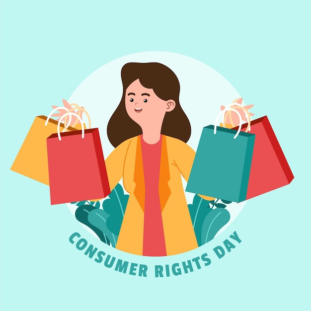 World consumer rights day illustration with woman and shopping bags