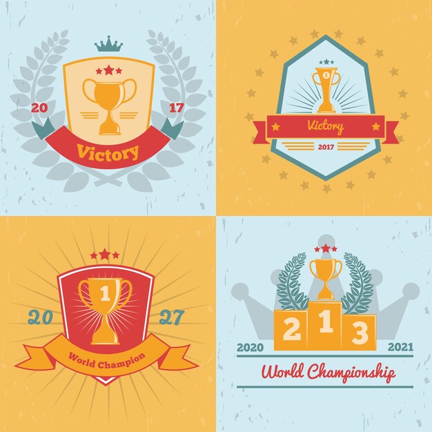 ワールドカップ選手権の勝者は、金のトロフィーのエンブレムを授与します4つのフラットカラーの背景アイコンコレクションが分離