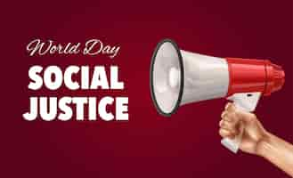 Free vector world day of social justice color background with human hand holding megaphone