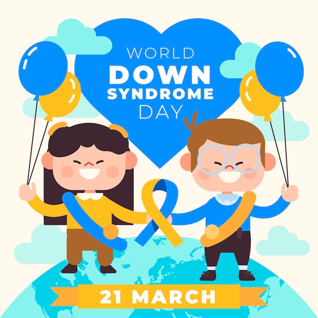 Vettore gratuito illustrazione di giornata mondiale della sindrome di down con bambini e palloncini