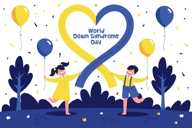 Illustrazione di giornata mondiale della sindrome di down con bambini che corrono in natura con palloncini