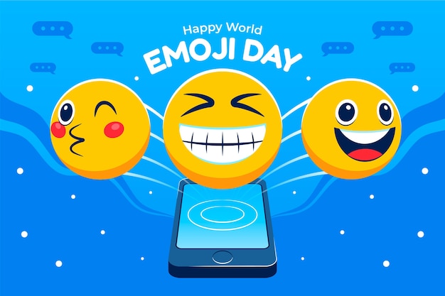 Vettore gratuito sfondo della giornata mondiale delle emoji con lo smartphone