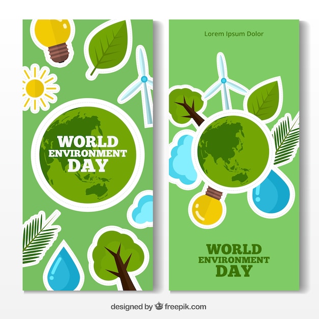 Всемирный день окружающей среды баннеры с плоскими объектами
