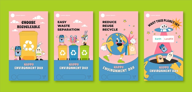 World environment day hand drawn flat ig stories set