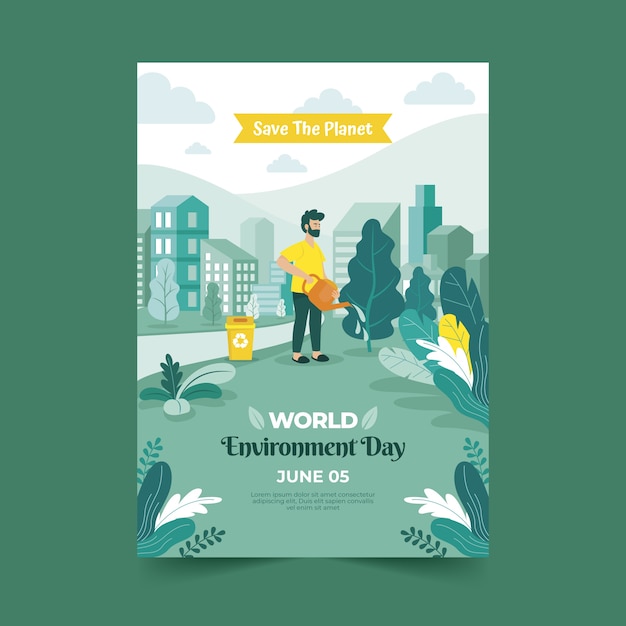 Vettore gratuito poster o volantino disegnato a mano per la giornata mondiale dell'ambiente