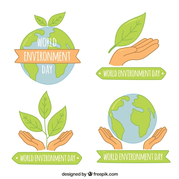 Mondiale dell'ambiente etichette al giorno con la raccolta foglie