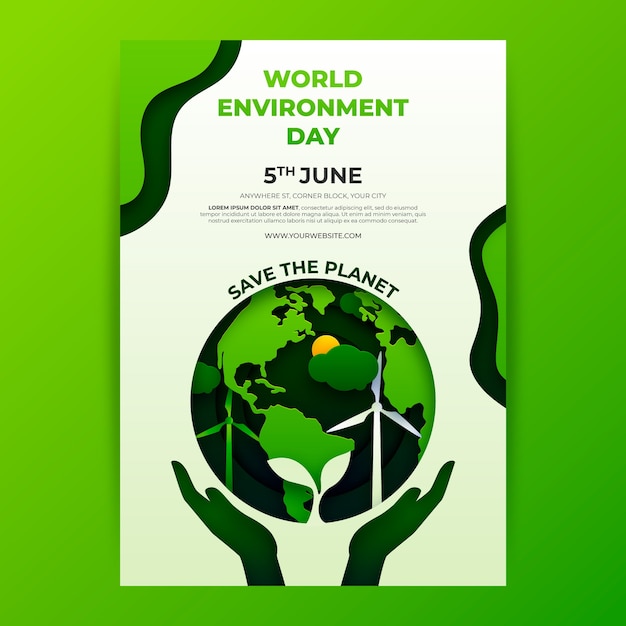 Vettore gratuito poster o volantino in stile carta per la giornata mondiale dell'ambiente