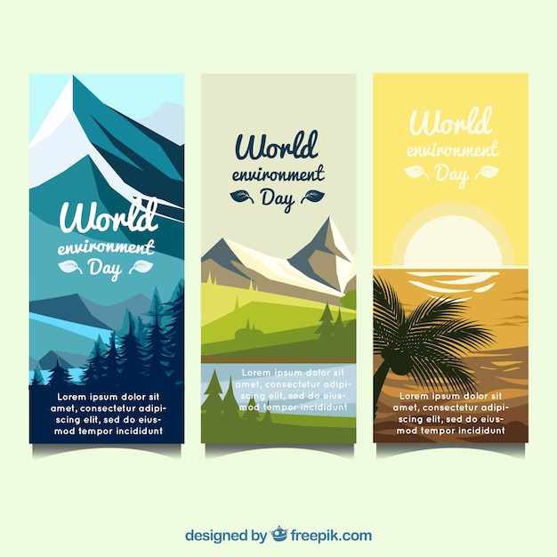 world environment day vertical banner with different landscapes