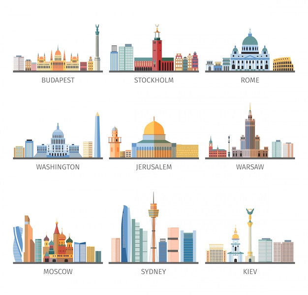 World Famous Cityscapes Flat Icons Collection