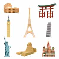 Бесплатное векторное изображение Всемирно известные достопримечательности набор эйфелевой башни статуя свободы тадж махал изолированных векторных иллюстраций