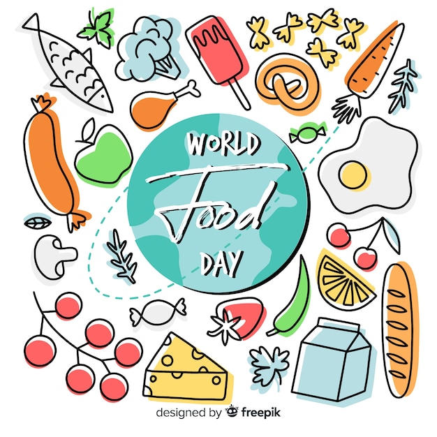 Vettore gratuito concetto di giornata mondiale dell'alimento con sfondo disegnato a mano