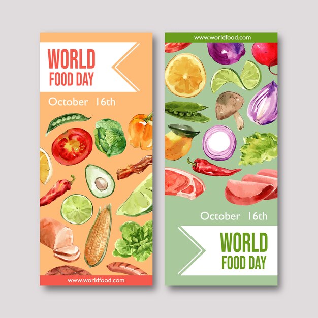 World food day flyer with avocado, onion, bell pepper watercolor illustration.