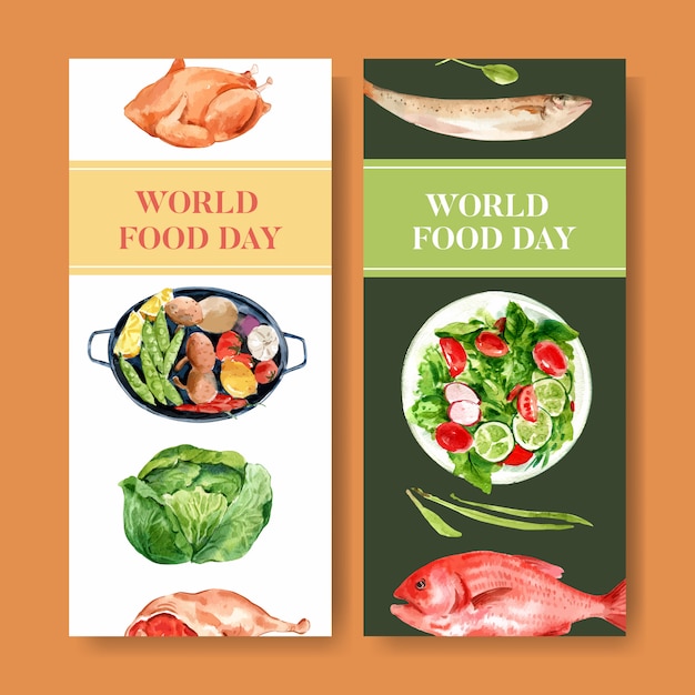 World food day flyer with chicken, cabbage, fish, salad watercolor illustration.