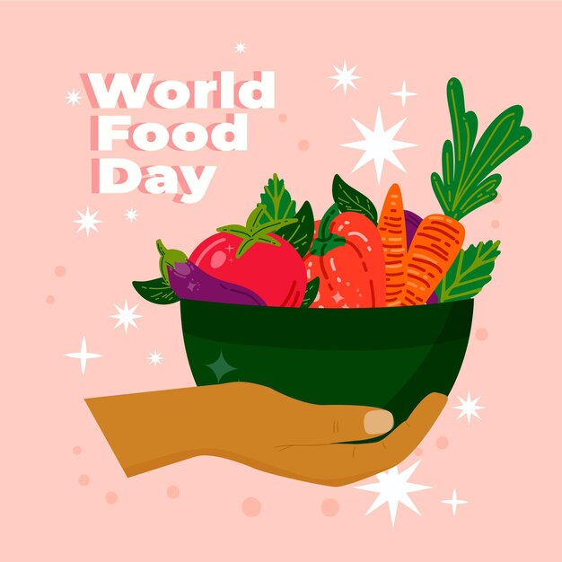 世界の食品の日手描きの背景に野菜ボウル