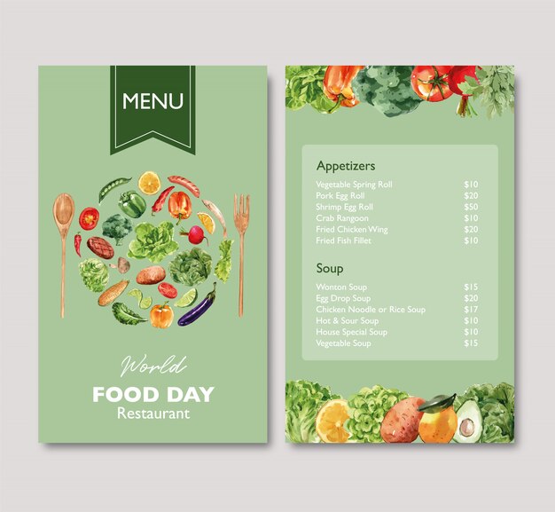 Мировое меню дня еды с брокколи, свеклой, баклажаном акварельная иллюстрация.