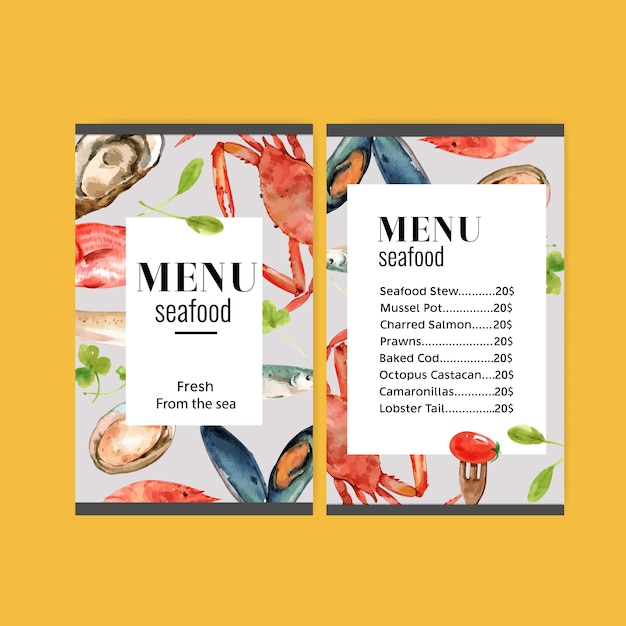 Vettore gratuito menu di giornata mondiale dell'alimentazione con polpa di granchio, pesce, cozze, illustrazione dell'acquerello del pomodoro.