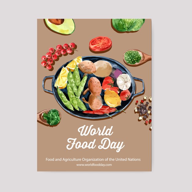 アボカド、エンドウ豆、レモン、トマトの水彩イラストの世界食糧日ポスター。