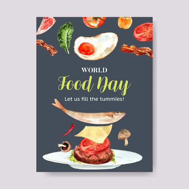 World food day poster with fried egg, fish, cheese, mushroom watercolor illustration.