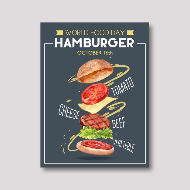 World food day Poster with hamburger, tomato, beef, vegetable watercolor illustration.  