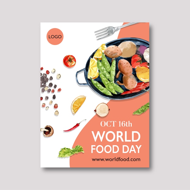 World food day poster with peas, lemon, potato watercolor illustration.