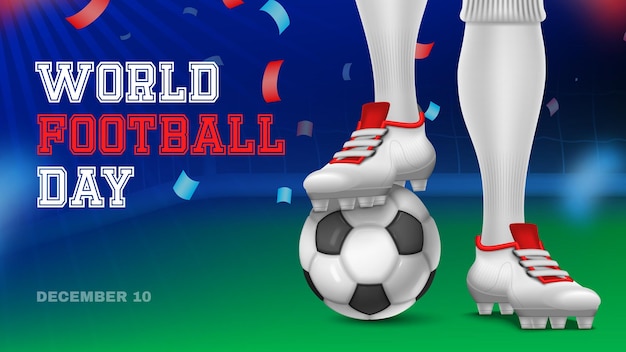 Vettore gratuito manifesto orizzontale della giornata mondiale del calcio con le gambe dello sportivo e la palla sull'illustrazione realistica di vettore del campo
