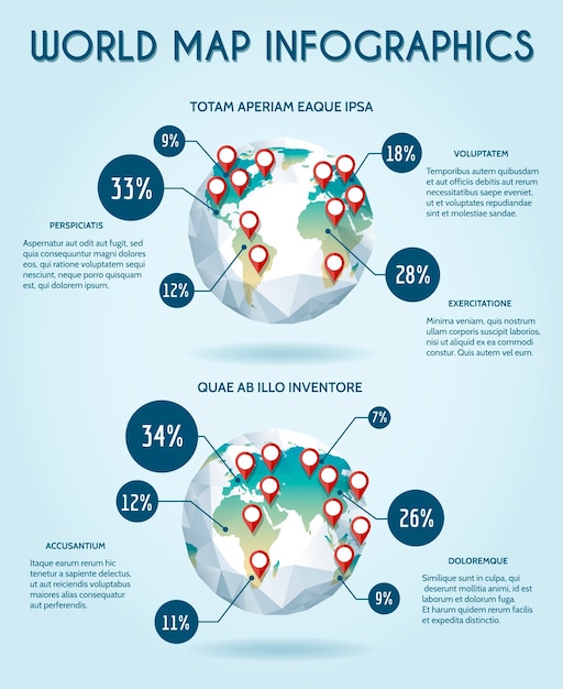 World Globe Infographic In Polygon Style. Statistic Earth, Report Data, Share And Analyst