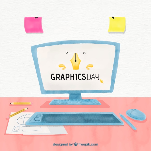 Free vector world graphics day background with computer in watercolor style