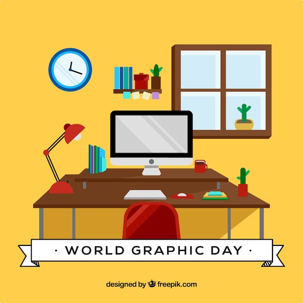 World graphics day background with desk 