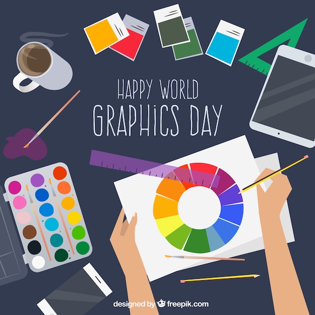 World graphics day background with desk