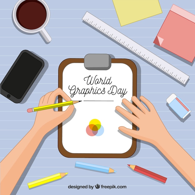 Бесплатное векторное изображение Всемирный день графического дня с человеком, работающим