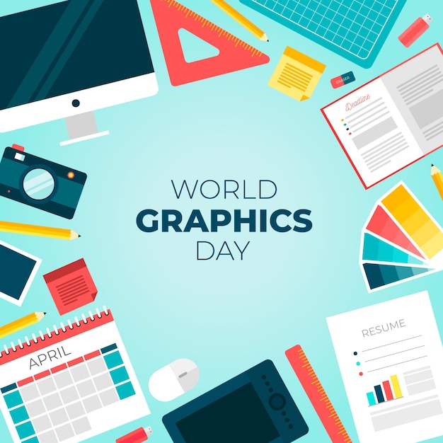 Vettore gratuito giornata mondiale della grafica di fondo con strumenti di lavoro