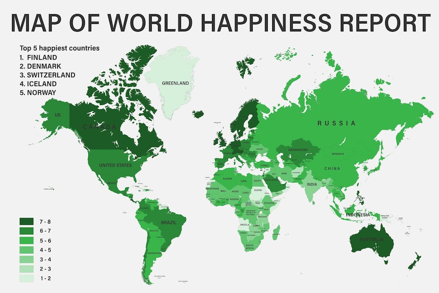 Premium Vector World happiness report on political map with scale
