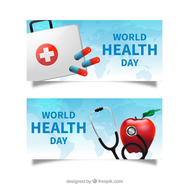 World health day banners with medicine chest and stethoscope